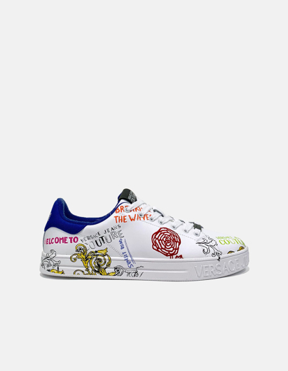 Picture of Versace White Printed & Embroidered Court Sneakers