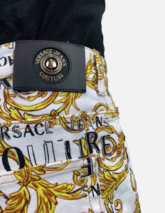 Picture of Versace White Logo Baroque Denim Shorts