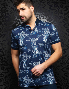 Picture of Au Noir Mackay Navy Cotton Floral Short Sleeve Stretch Polo