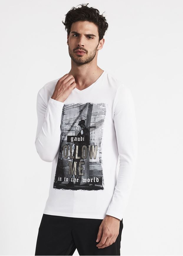 Picture of Gaudi Silver Print L/S White Tshirt
