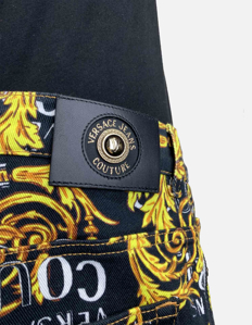 Picture of Versace Black Logo Baroque Denim Shorts